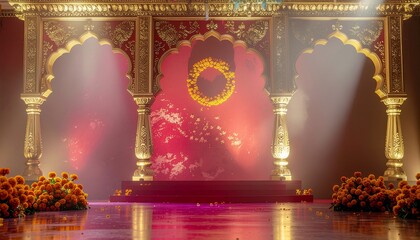 Elegant Indian Wedding Stage with Floral Decorations and Ornate Backdrop