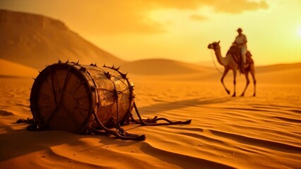 The scene of camels and drums in the desert