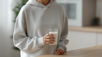 Young Woman in Gray Hoodie Holding a Glass of Milk in a Modern Kitchen, Generative AI