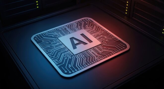 AI chip in server room with red/blue lighting