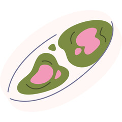 Abstract Representation of Oval Plate with Organic Shapes of Green and Pink Colors on White Background with Purple Outline Detail