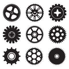 Collection of nine black gears arranged in a grid pattern