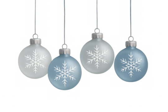 Christmas baubles featuring snowflakes in blue and silver colors, decorating for winter holidays. Transparent background - Powered by Adobe