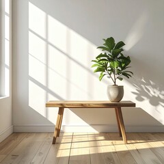 Sunny room corner with plant on bench, bright, airy scene