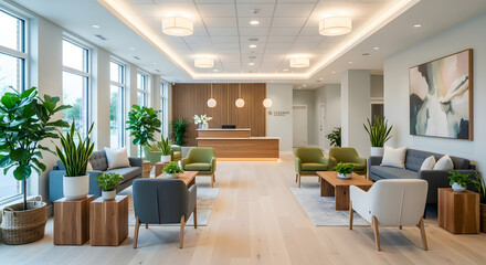 Fototapeta premium Elegant interior of a modern business reception area featuring stylish furniture, natural light, and biophilic design elements