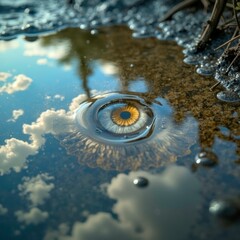 The scene of reflecting the sky in the puddles