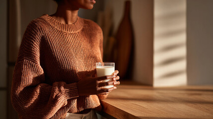African-American Woman in Terracotta Sweater Holding Glass of Milk in Warm Sunlight, Generative AI