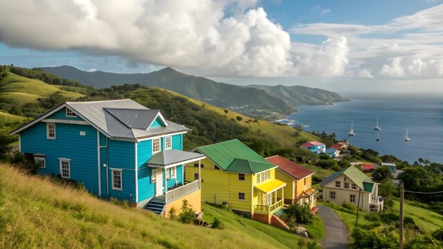 Colorful caribbean houses clinging to a verdant hillside overlooking the ocean