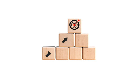 Wooden blocks arranged like a pyramid, with arrows and a target, against a black backdrop