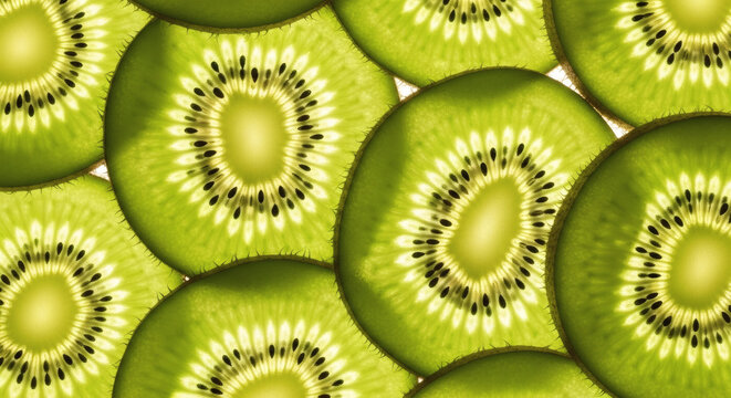 Vibrant kiwi fruit slices creating a refreshing, healthy background for a summer menu or wellness promotion, showcasing natural green tones and juicy texture