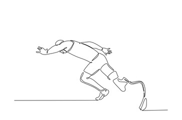 Disabled runner using a prosthetic leg in continuous one line drawing. Single line art illustration of Disability runner using a prosthetic leg. Editable vector.