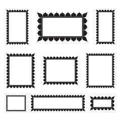 Collection of various black rectangular frames with decorative edges presented