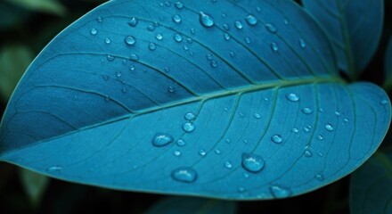 Obraz premium Close-up of a blue leaf with water droplets, detailed texture & dark shadows