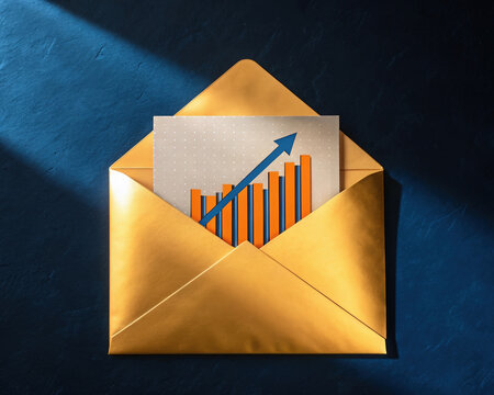 Promotional Marketing Business Chart on Email Envelope Represents Growth Campaign Success Strategy Arrow