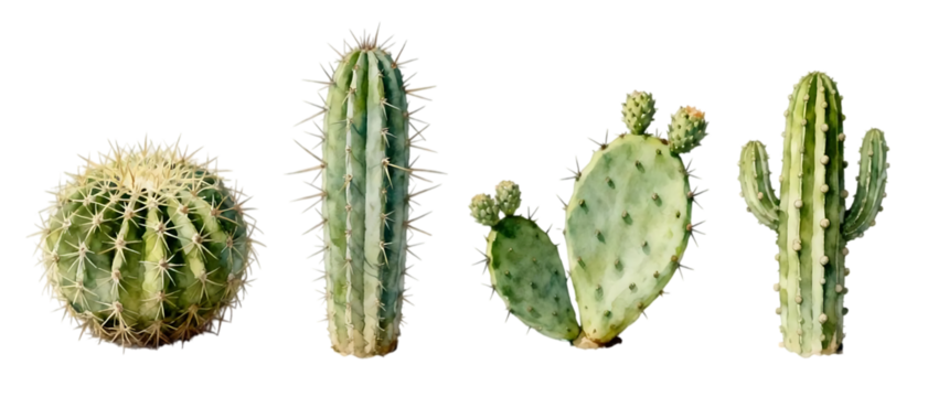 Realistic cactus set with multiple shapes and textures isolated on Transparent background, desert plant element collection
