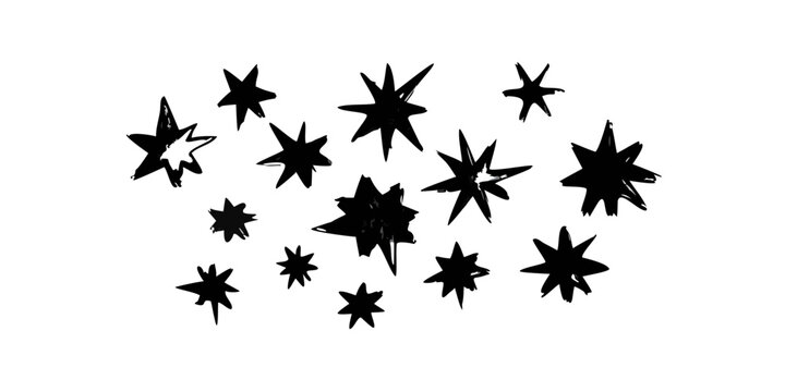 Sparkling stars illustration. Dark ink drawn stars with various shapes and sizes in a cluster, like a small galaxy.