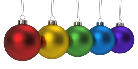 Five colorful oval Christmas ornaments isolated on transparent background