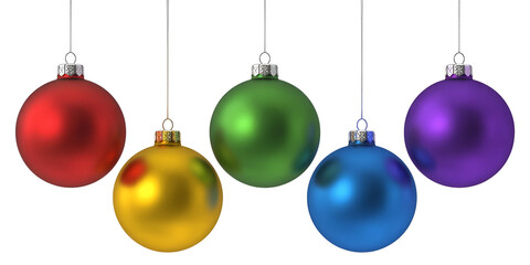 Five colorful oval Christmas ornaments isolated on transparent background