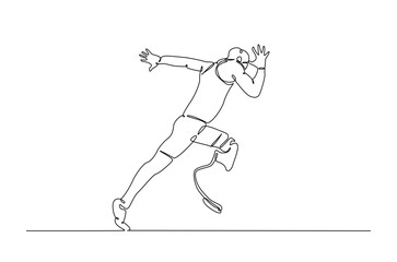 Disabled runner using a prosthetic leg in continuous one line drawing. Single line art illustration of Disability runner using a prosthetic leg. Editable vector.