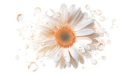 Beautiful orange daisy flower with water droplets on petals, isolated on white background, radiates freshness and vibrancy