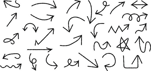Large Collection of Simple Hand-Drawn Doodle Arrow Icons and Directional Pointers for Sketchy Design