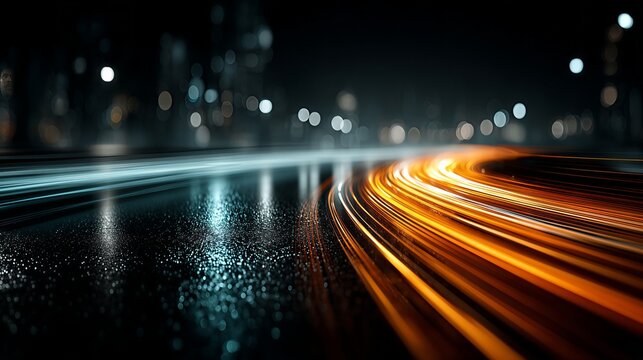 Abstract city night background with dynamic light trails on wet asphalt. Orange and blue long exposure lines representing car traffic, speed, and motion. Futuristic concept with blurred city lights 