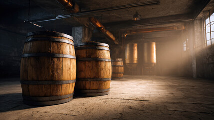 Rustic Interior of an Abandoned Factory Featuring Wooden Barrels and Atmospheric Lighting in a Tasting Room Setting