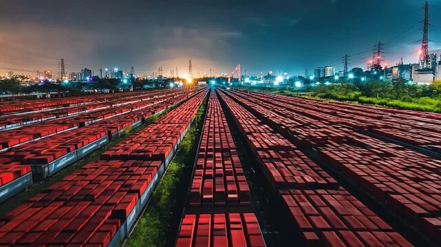 Rows of red cargo at night