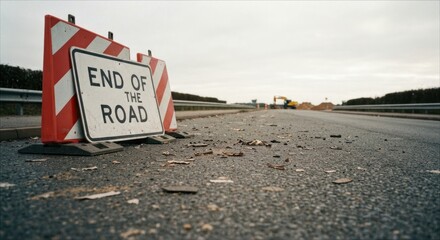 End of the Road" sign blocks damaged road, construction equipment blurred