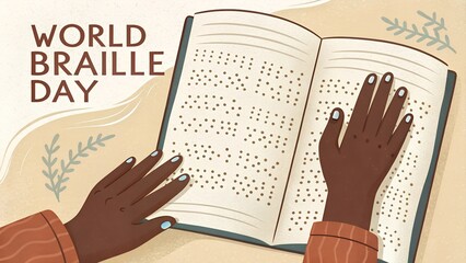 Naklejka premium World braille day celebration with hands reading a book