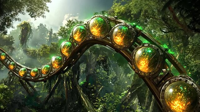 A fantastical roller coaster through a lush, vibrant jungle