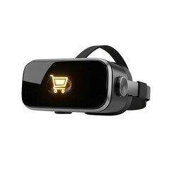 Black VR headset with glowing gold shopping cart icon. Key for virtual commerce, future shopping, tech deals, holiday sales, Black Friday, Cyber Monday, metaverse.