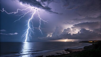 Powerful lightning strike illuminates stormy ocean and coastline at night