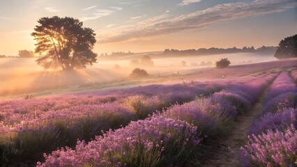 Golden sunrise over a misty lavender field with a solitary tree