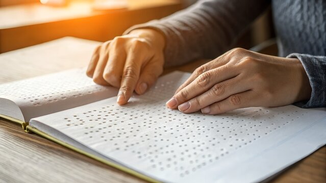 Person reading a book with braille text using their finger