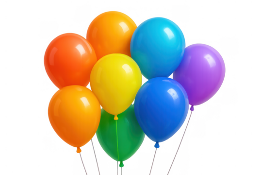 Colorful birthday balloons bunched together in rainbow colors and vibrant hues for celebration, isolated on transparent background