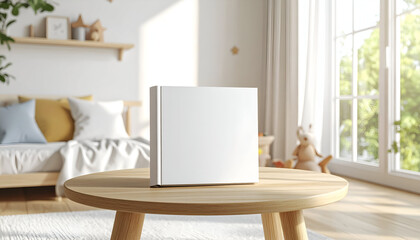 Blank hardcover book mockup on a wooden table in a cozy child's playroom with natural light