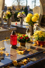 Autumn flowers and candle lantern on cemetery grave
