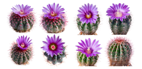 Vibrant Pink Flowering Cacti in Various Stages of Bloom, Isolated on Transparent, white background
