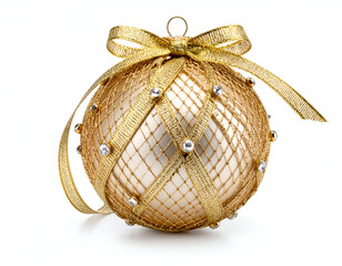 Elegant Gold Christmas Bauble Adorned with Crystal Pins and Ribbon on White Background