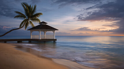 Serene Tropical Island Retreat at Sunset with Gazebo by the Tranquil Sea Breeze and Gentle Waves