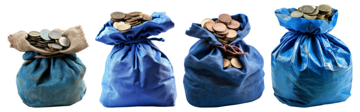 Colorful Bags Filled with Coins on a White Background, Isolated on Transparent Background
