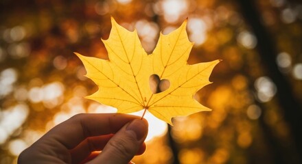Maple leaf with heart cut-out, held up against blurred autumnal foliage