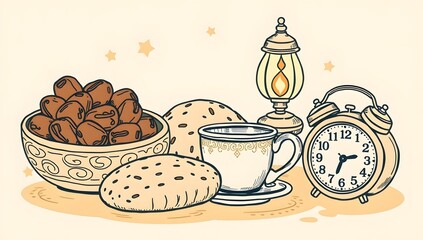 Unique doodle set depicting suhoor theme, showing pre-dawn meal elements in minimalist style
