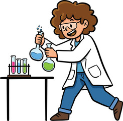 Happy young scientist performing colorful chemical experiment in laboratory with test tubes and flasks illustration