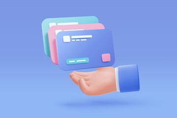 3D credit card money financial security for online shopping, online payment credit card with payment protection concept. 3d render for business finance, online shopping for security with hand concept