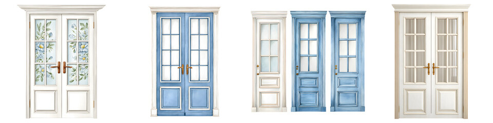 Obraz premium Watercolor Doors Set - Interior Design Elements in White and Blue Tones