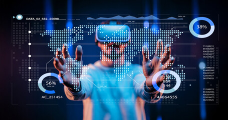 Futuristic Virtual Reality Experience with Interactive Data Visualization and Global Connectivity...