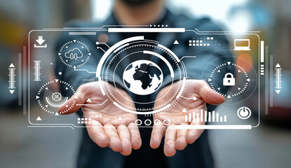 Hands Holding Digital Interface with Global Connectivity, Data Security and Technology Icons in Urban Background for Modern Business Concepts