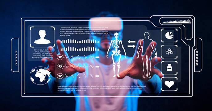 Futuristic Image of Man Interacting with High-Tech Medical Interface Displaying Anatomy and Biofeedback Data in a Dark Environment